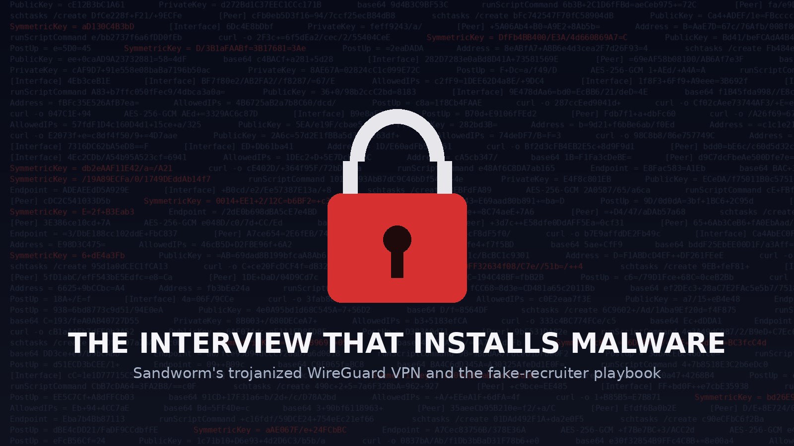 Red padlock over WireGuard configuration text with the headline The Interview That Installs Malware